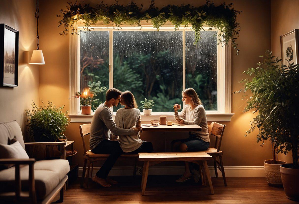 A cozy, intimate scene featuring a couple sitting in a warm, softly lit room, sharing a tender moment over a cup of tea, surrounded by sprouting plants symbolizing growth. The walls adorned with framed motivational quotes and photographs capturing their journey together. A gentle rain falling outside, adding a touch of warmth and comfort to the atmosphere. super-realistic. warm colors. soft lighting.