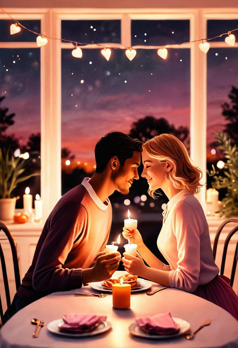 A cozy scene of a couple enjoying a candlelit dinner, surrounded by soft pink and warm orange hues. Include elements like a heart-shaped dessert, holding hands, and whimsical fairy lights in the background to symbolize love and intimacy. Capture their joyful expressions in a beautiful, warm atmosphere. vibrant colors. soft focus. romantic illustration.