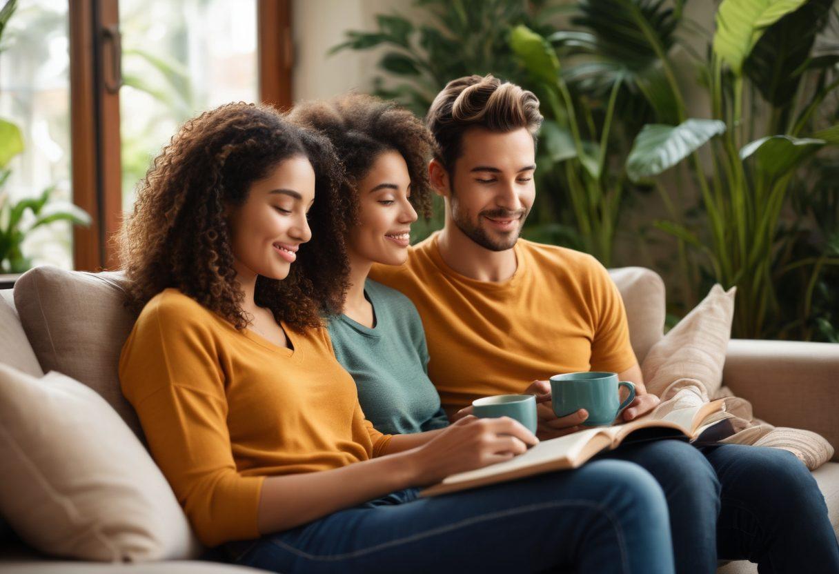 A warm and inviting scene of a couple sitting together on a cozy couch, sharing a heartfelt conversation with soft light illuminating their faces. The background features a beautiful indoor garden filled with lush plants, symbolizing growth and nurturing. Include elements like a steaming cup of tea and a couple of open books scattered around to reflect intimacy and connection. Create an atmosphere of love and comfort. super-realistic. vibrant colors. soft focus.
